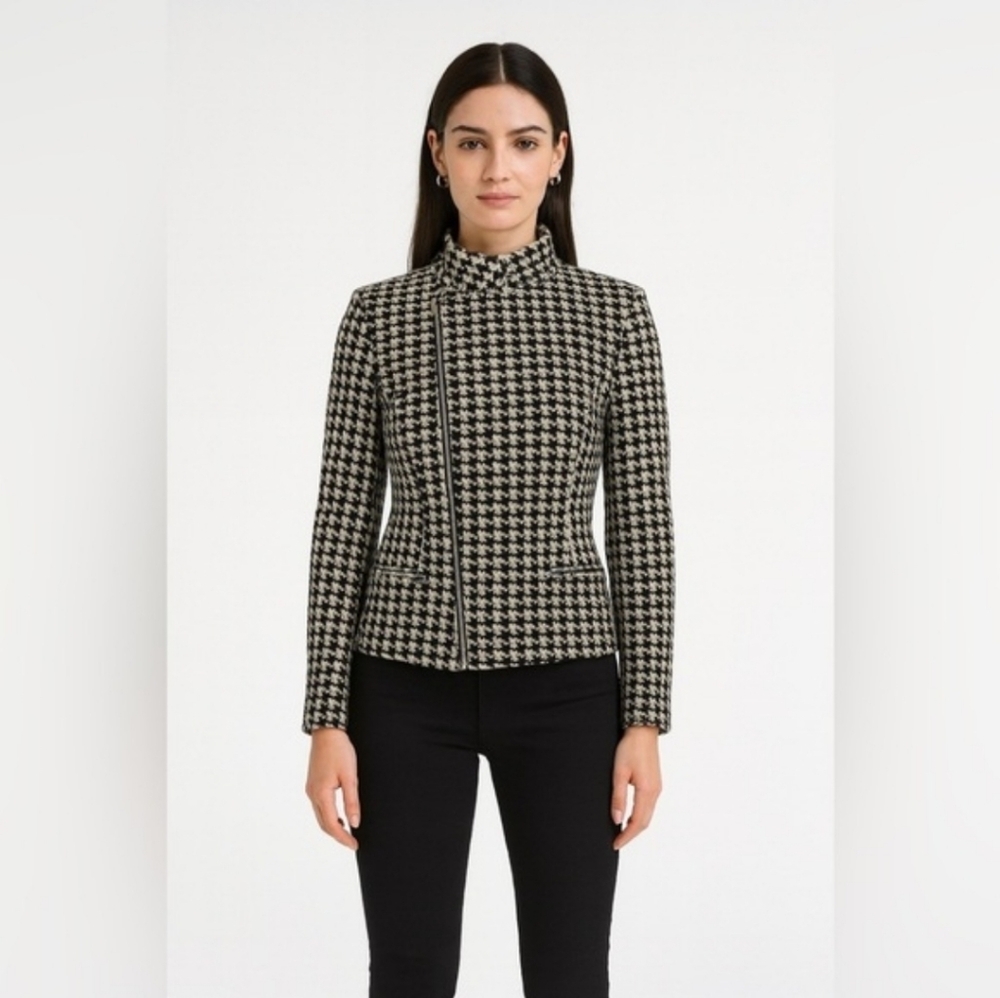 Lauren Ralph Lauren Black White Houndstooth 100% Lambswool Moto Jacket Medium